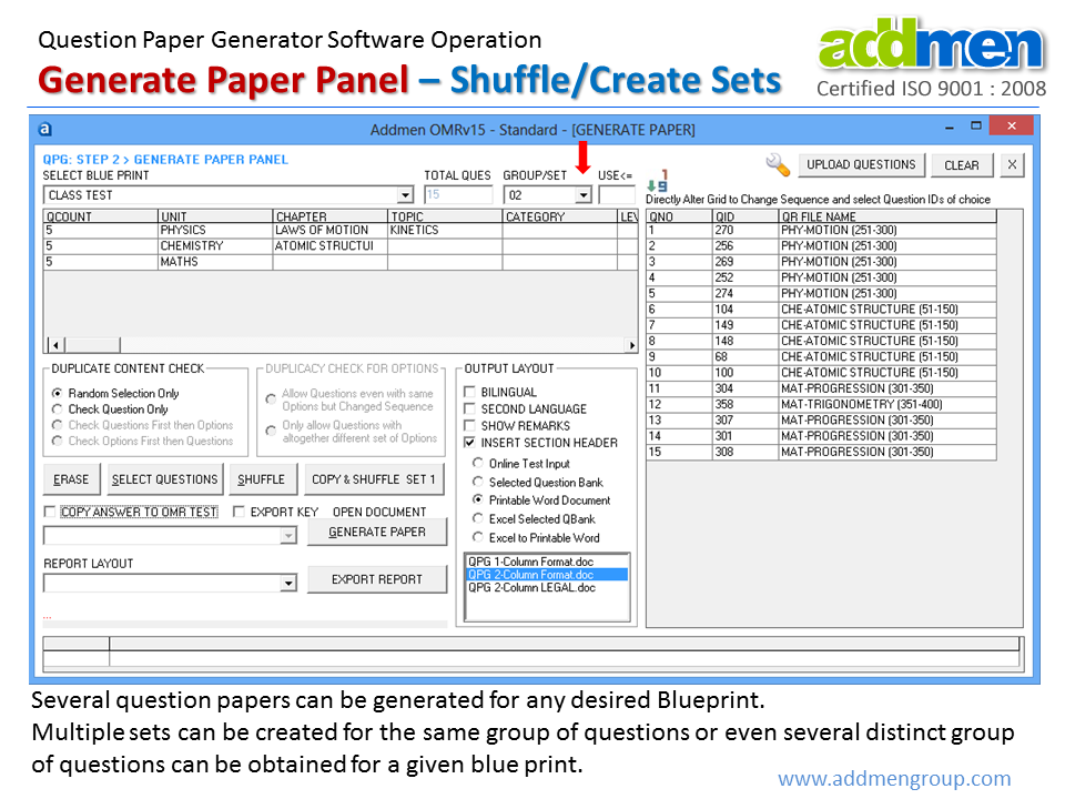 Question Paper Shuffle/Create Sets