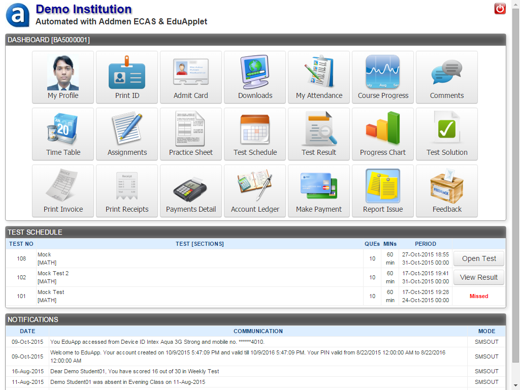 Student Online Dashboard Interface