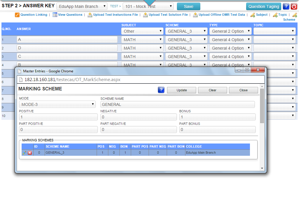 Test Marking Schemes Interface