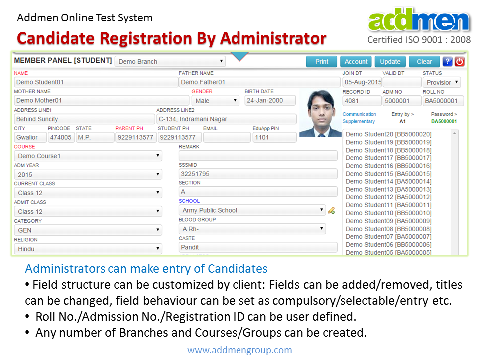 Candidate Registration Panel for manual entry by administrator