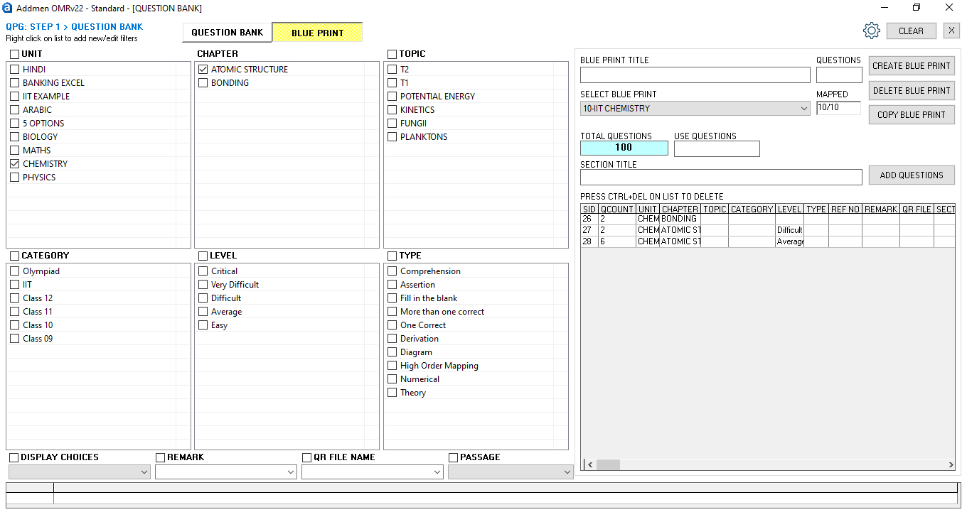 Question Selection, Test Creation and Question Shuffling