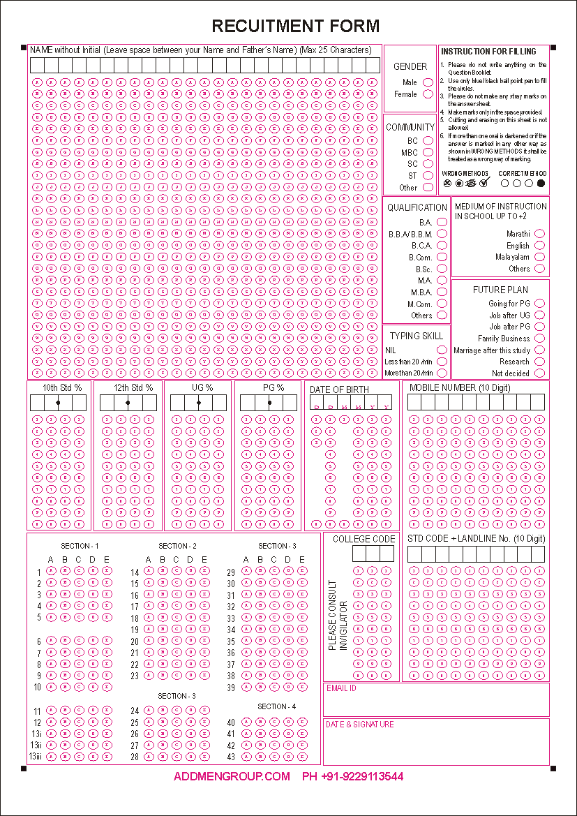 OMR Assessment Form used for Campus Recruitment