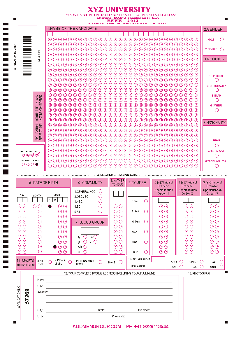 OMR Admission Form for School and University