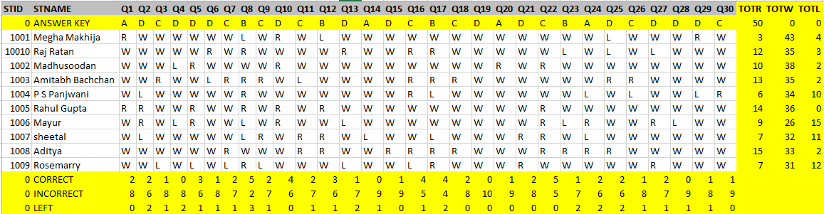 Excel Question Response Result