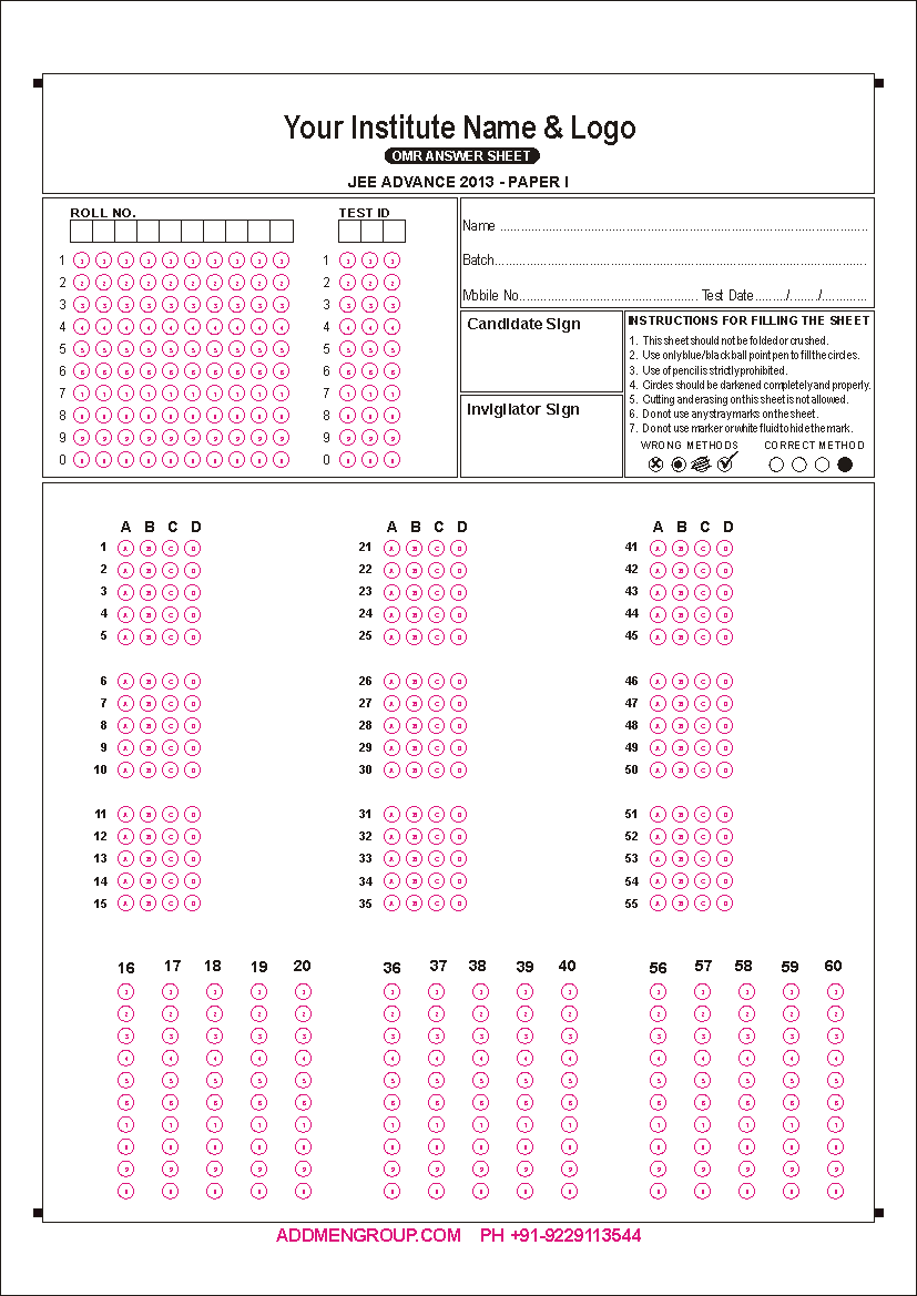 Sample IIT JEE 2013 OMR Sheet