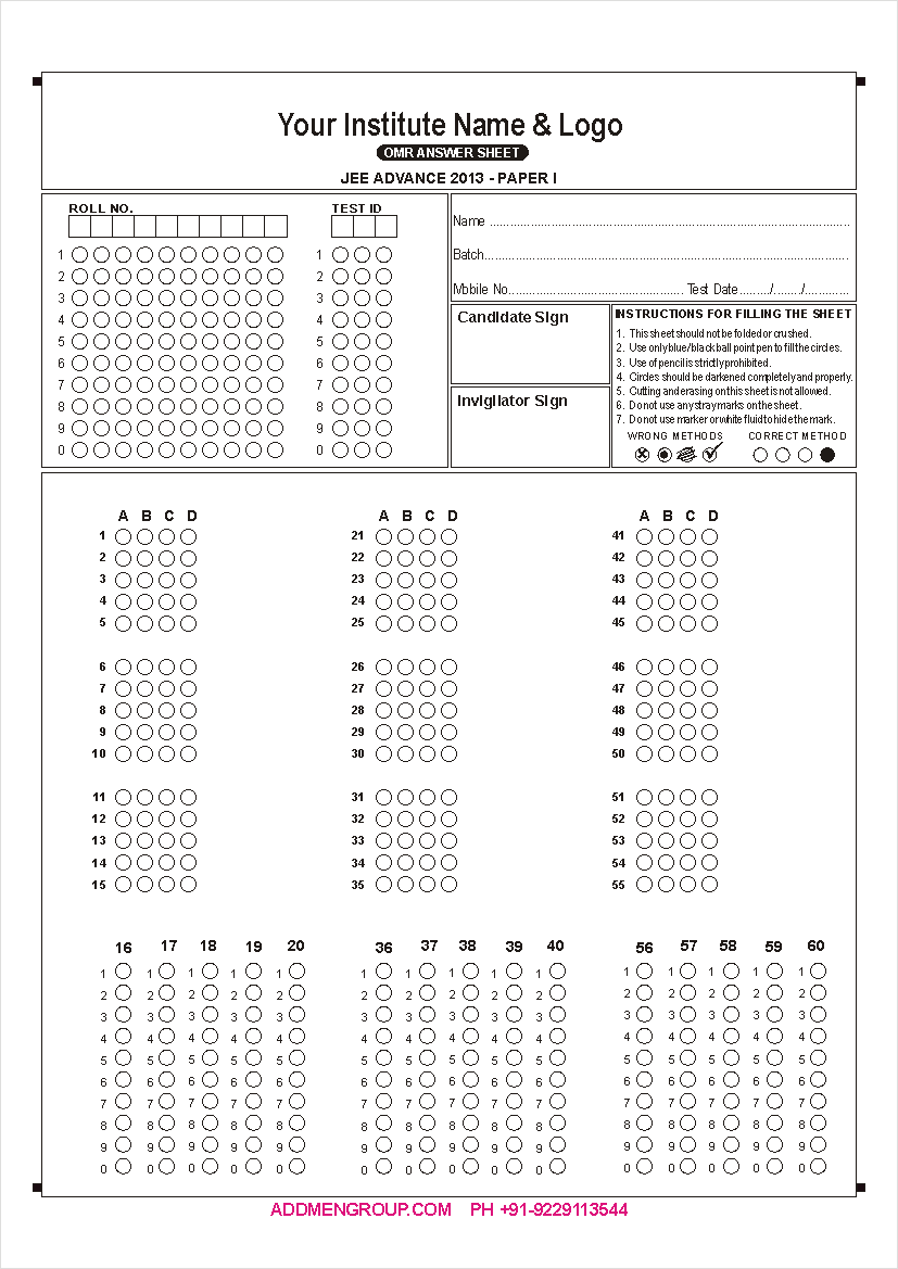 Sample IIT JEE 2013 OMR Sheet