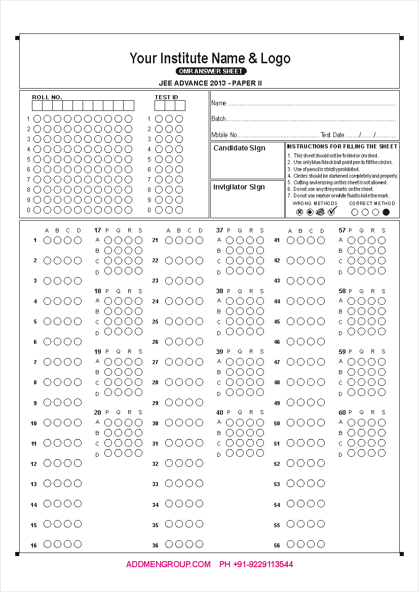 Sample IIT JEE 2013 OMR Sheet