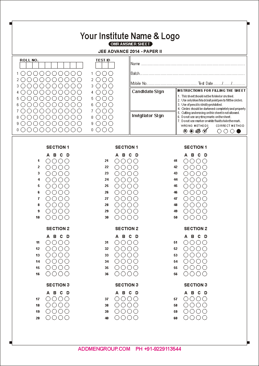 Sample IIT JEE 2013 OMR Sheet