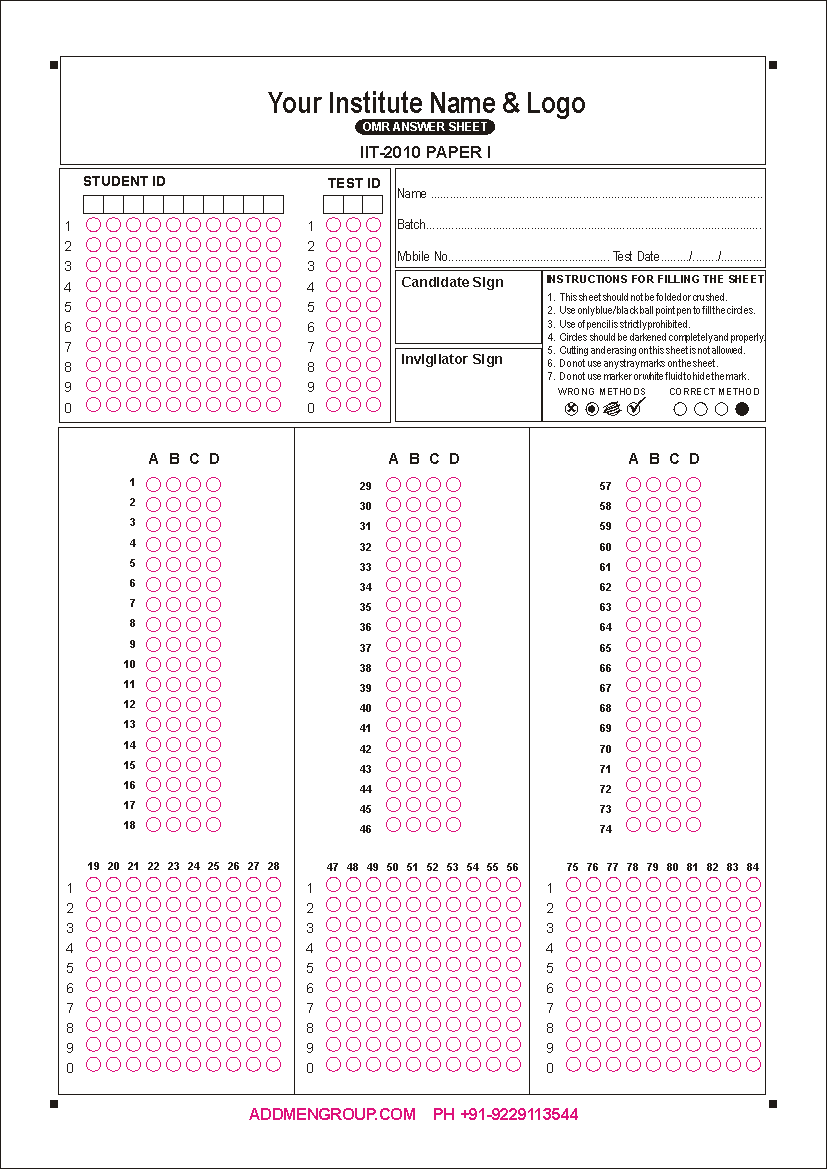 Sample IIT JEE 2010 OMR Sheet