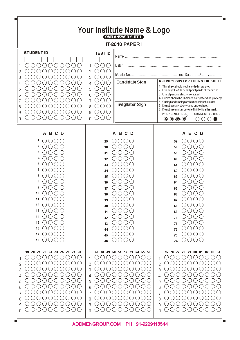 Sample IIT JEE 2010 OMR Sheet