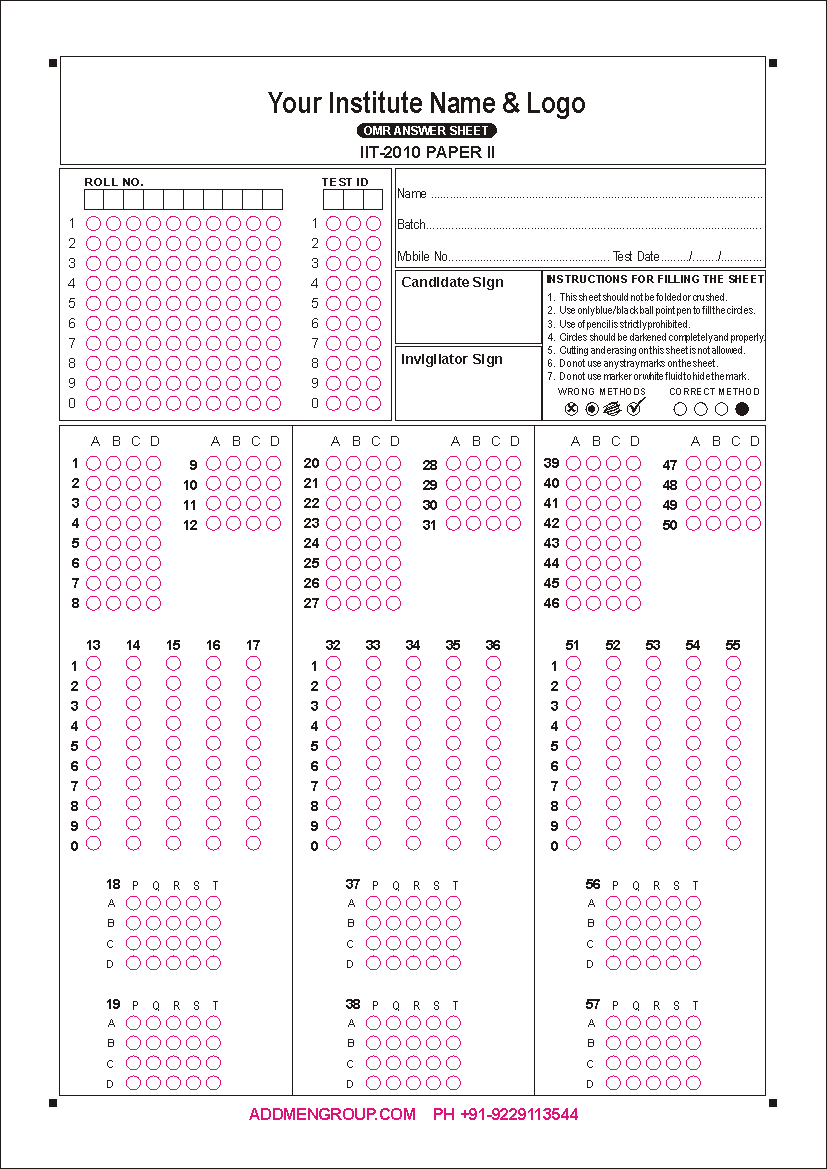 Sample IIT JEE 2010 OMR Sheet