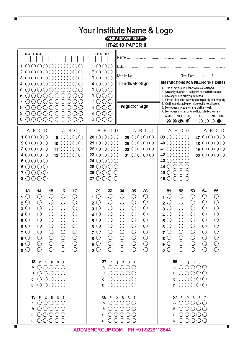 Sample IIT JEE 2010 OMR Sheet