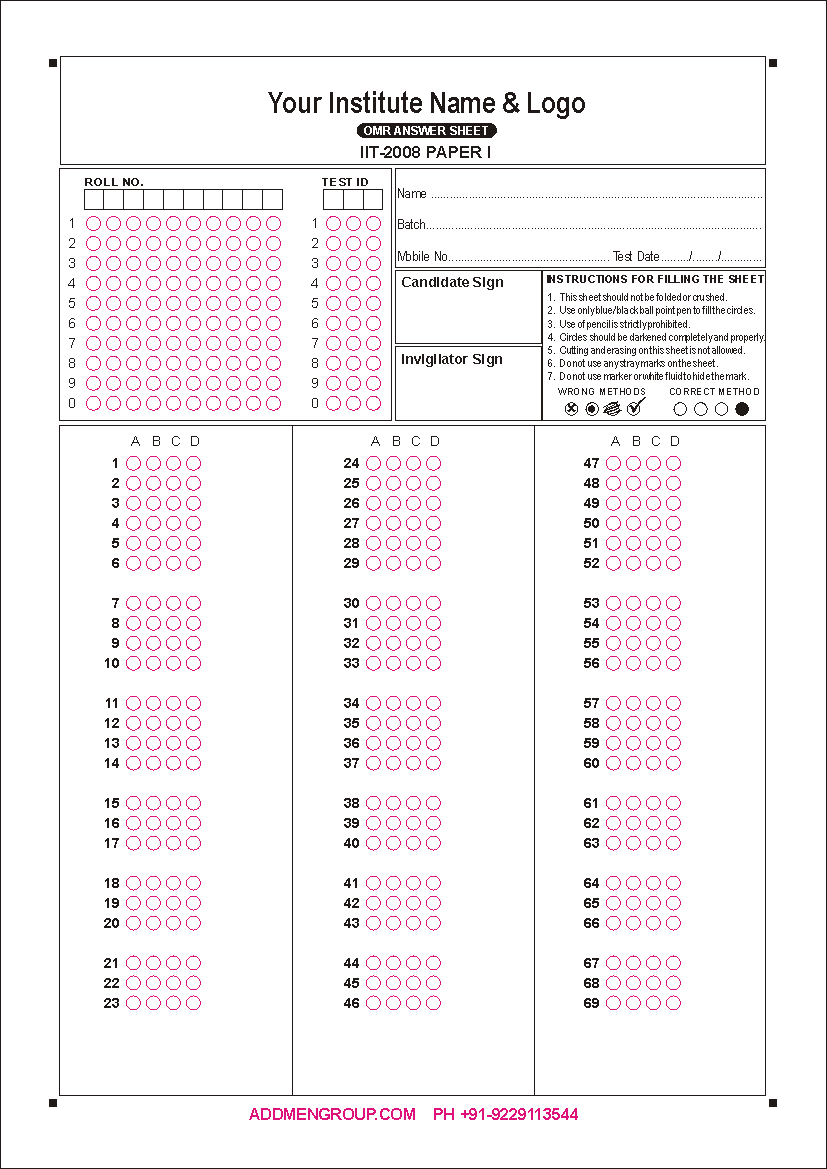 Sample IIT JEE 2008 OMR Sheet