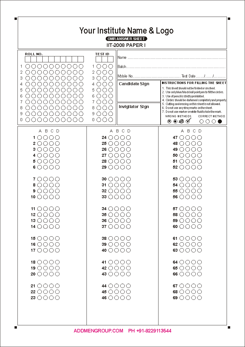 Sample IIT JEE 2008 OMR Sheet