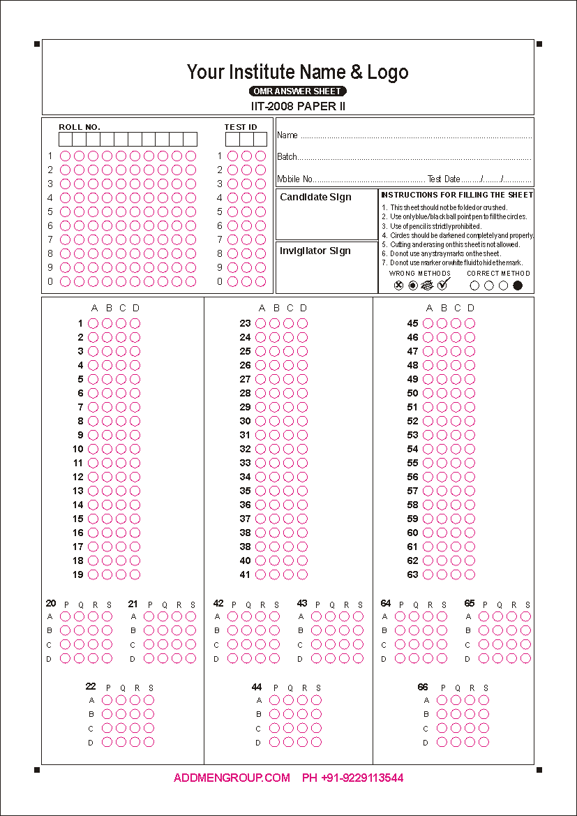 Sample IIT JEE 2008 OMR Sheet