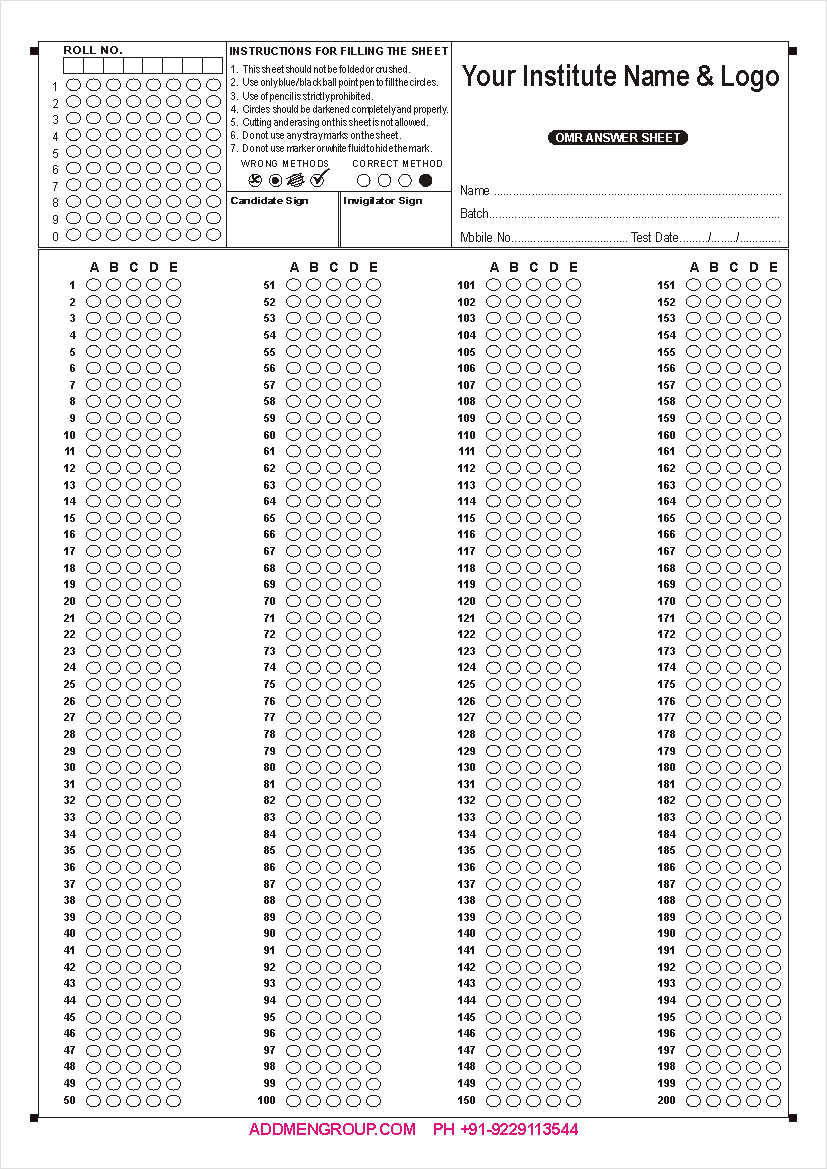 200 Question OMR Sheet Sample