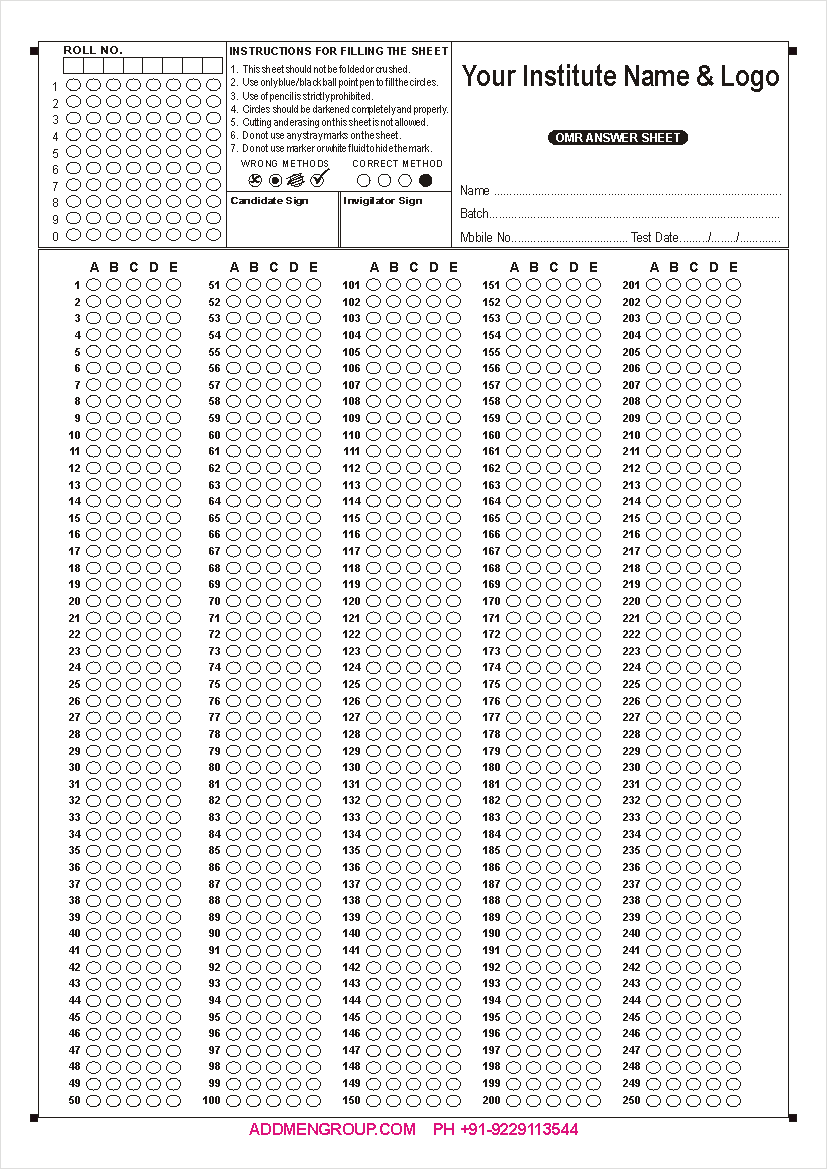 250 Question OMR Sheet Sample