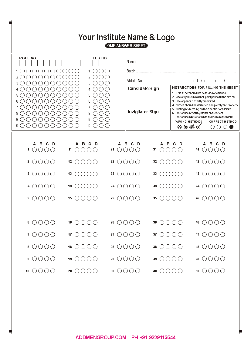 50 Question OMR Sheet Sample