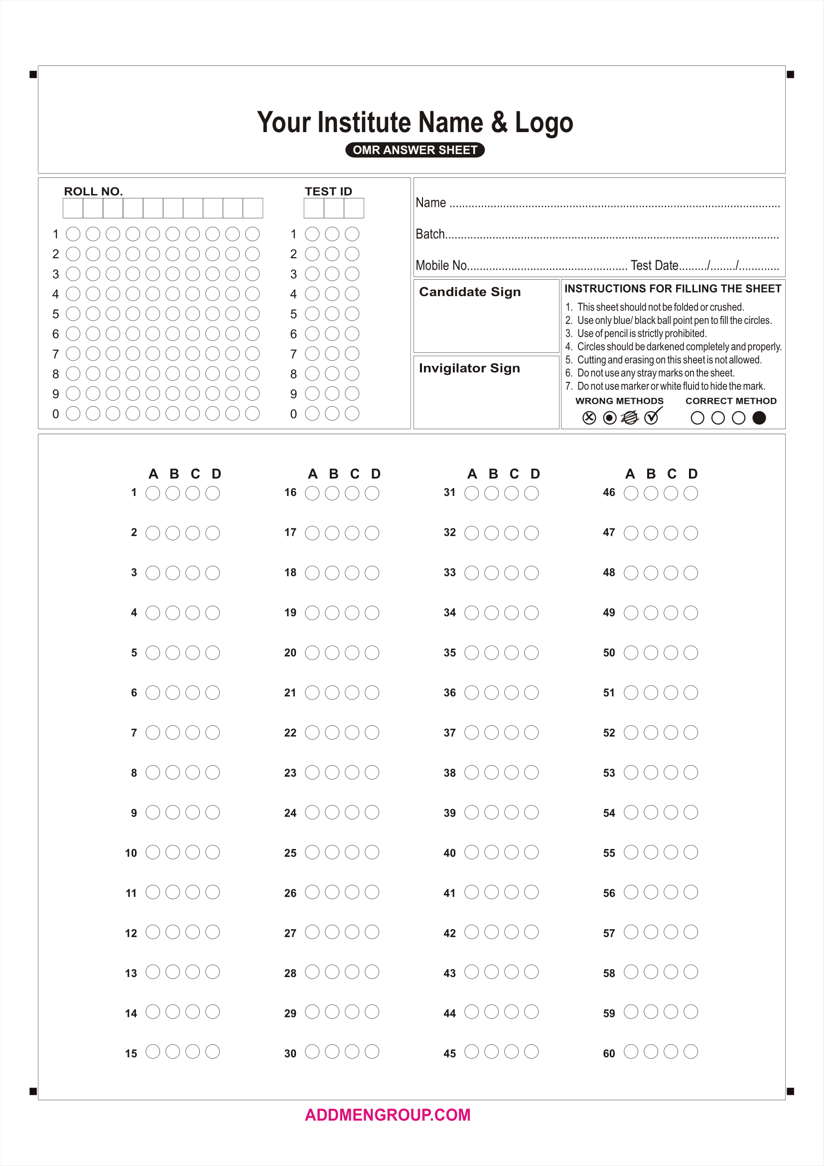 Printable Scantron Sheet
