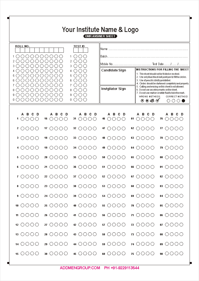 90 Question OMR Sheet Sample