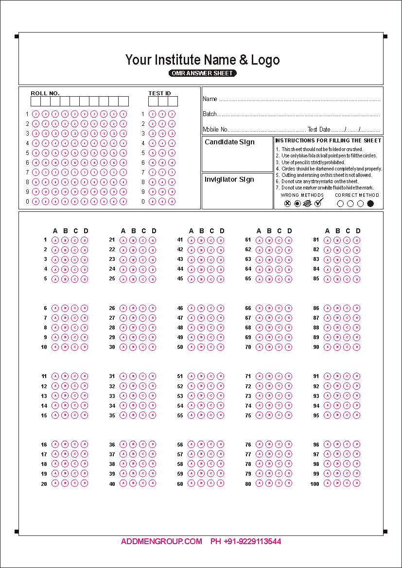 100 Question OMR Sheet Sample