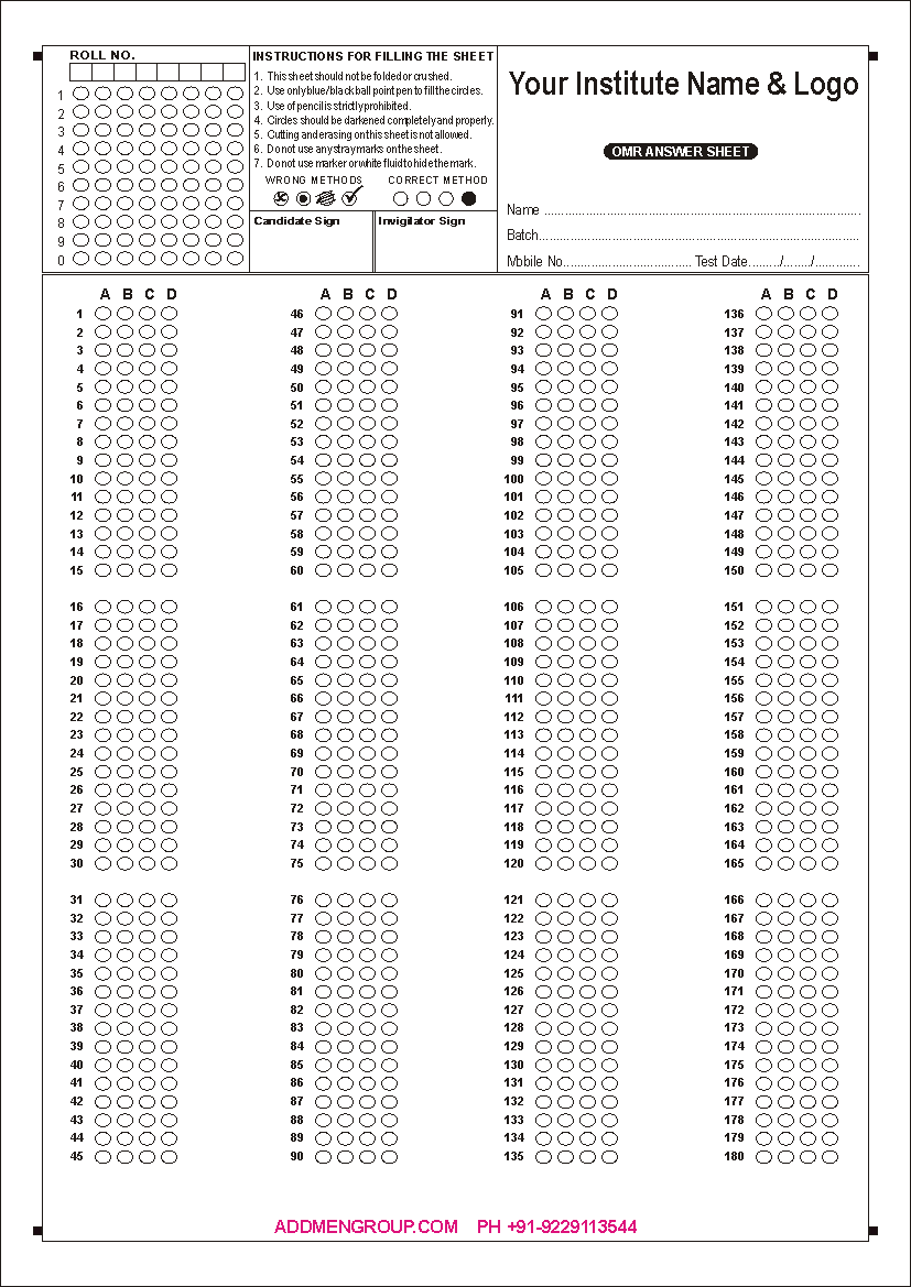 180 Question OMR Sheet Sample