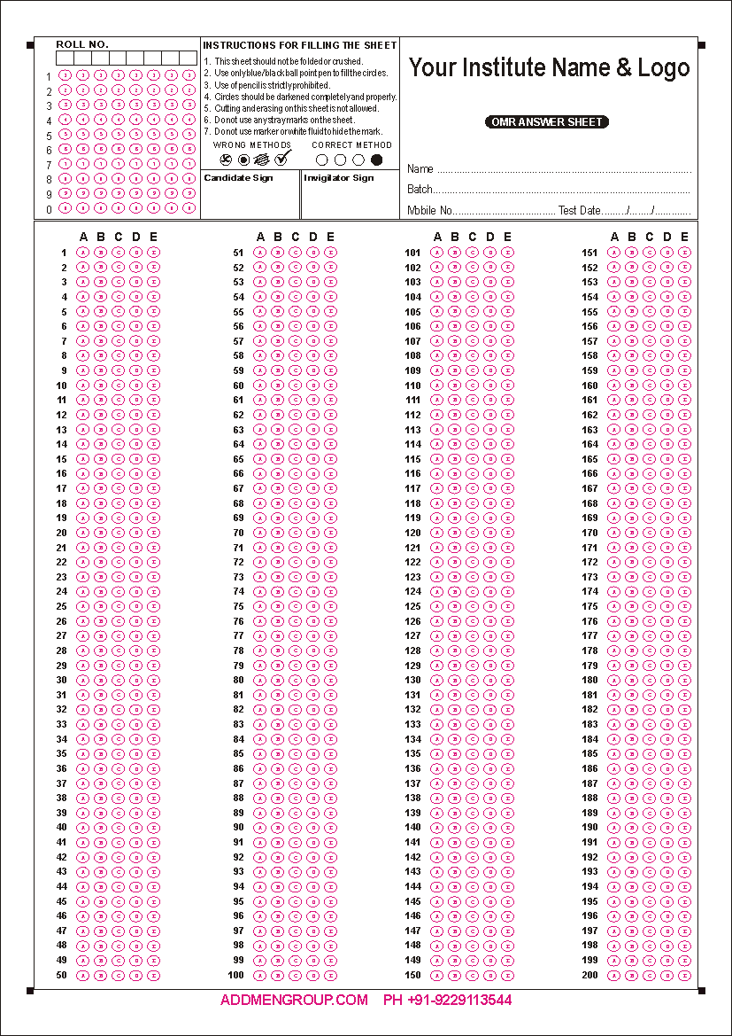 200 Question OMR Sheet Sample