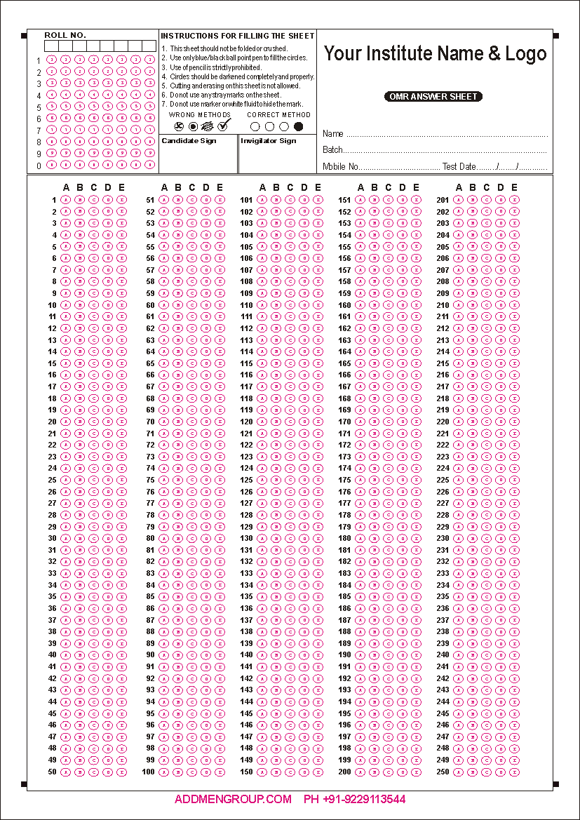 250 Question OMR Sheet Sample