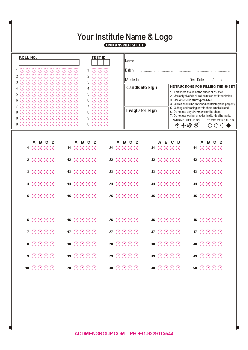 50 Question OMR Sheet Sample