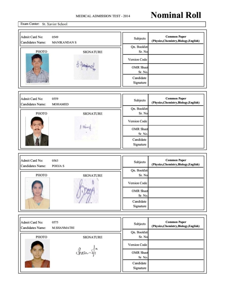 Candidates Photo Attendance list for marking presence in the examination hall